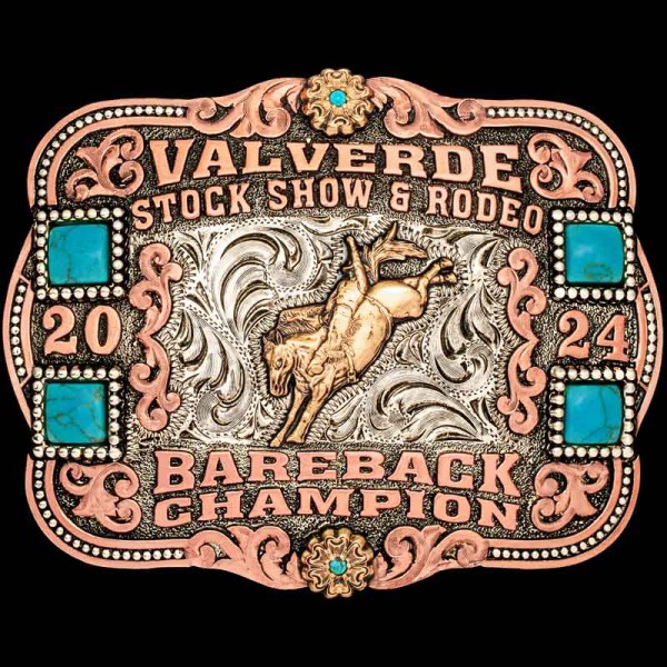 Show your true grit with the detailed Valverde Custom Belt Buckle! Built on with turquoise stones and beautiful copper scrollwork. Customize it now!